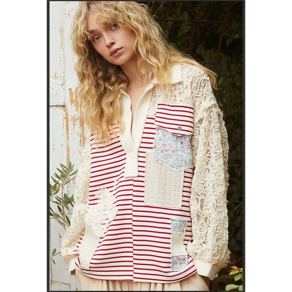 POL. Gorgeous Striped with Lace Patchwork Collared Top - Picture 1 of 6